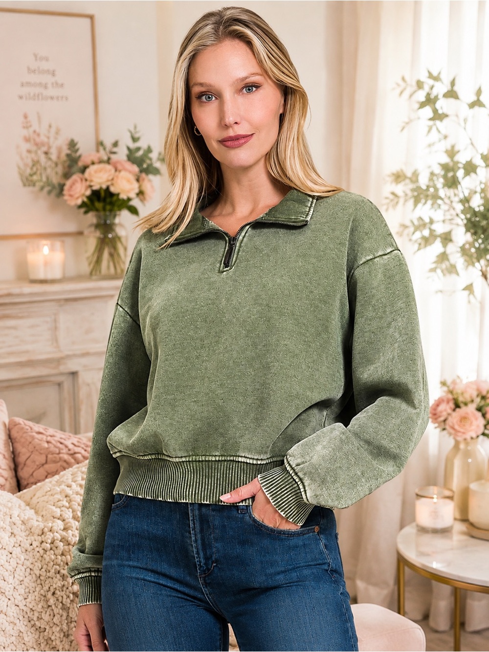 ZENANA LT OLIVE ACID WASH FLEECE HALF ZIP PULLOVER
